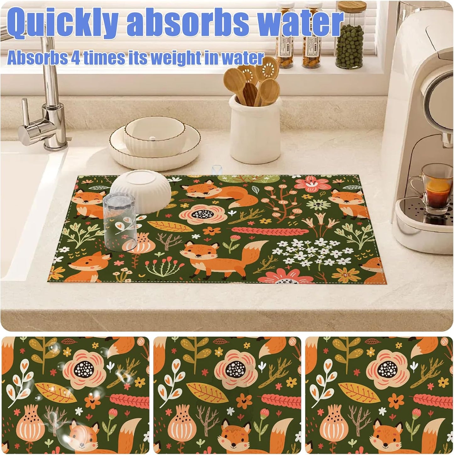 Cute Fox Dish Drying Mat for Kitchen Counter Animals Drying Pad Absorbent Reversible Dish Drainer Rack Mats Draining Pad 18"x24"Inch