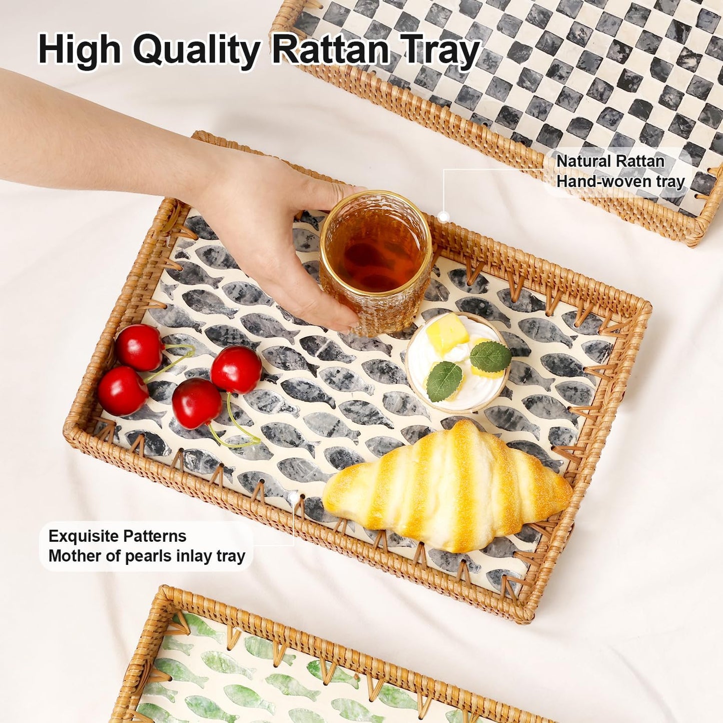 Rectangle Rattan Tray with Mother of Pearl Inlay, Rattan Serving Tray with Handle for Coffee, Bread, Fruits, Snacks, Decorative Wicker Tray for Table Decor (Rectangle Dark Blue Fish, 13"×9")