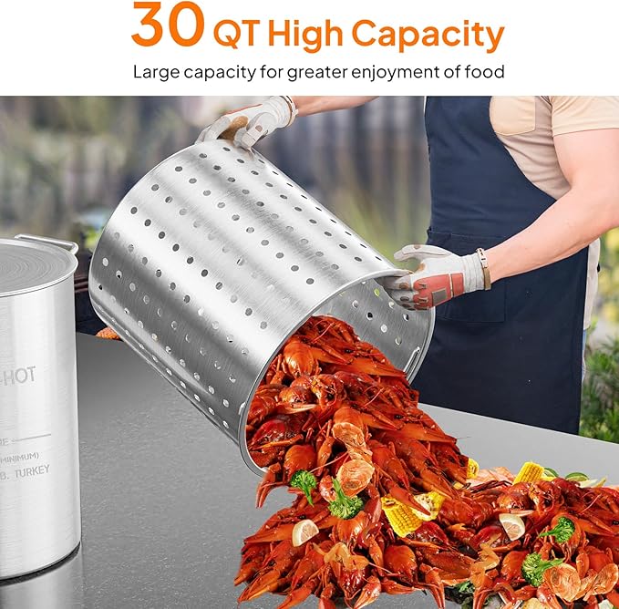 ROVSUN 30QT Turkey Fryer Pot & Seafood Boil Pot with Strainer Basket, Lid, Hook & Steamer, Aluminum Stockpot for Turkey Frying & Crab, Lobster, Shrimp Boiling for Outdoor Cooking & Gatherings