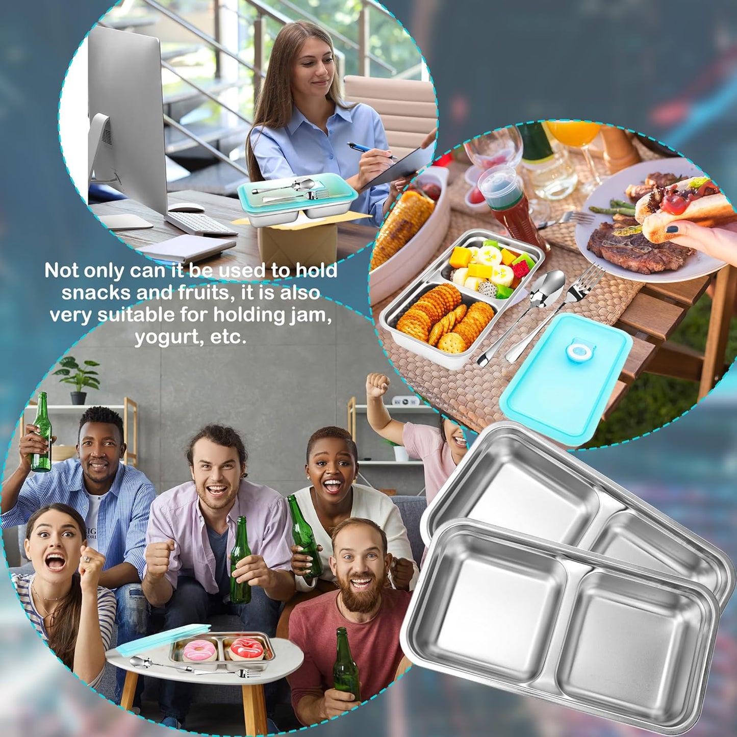 8 Set Stainless Steel Snack Containers with Lids Reusable 2 Compartment Snack Box Spoon Fork for Travel Outing Picnic Fruit Cookies Snacks Waffles Food