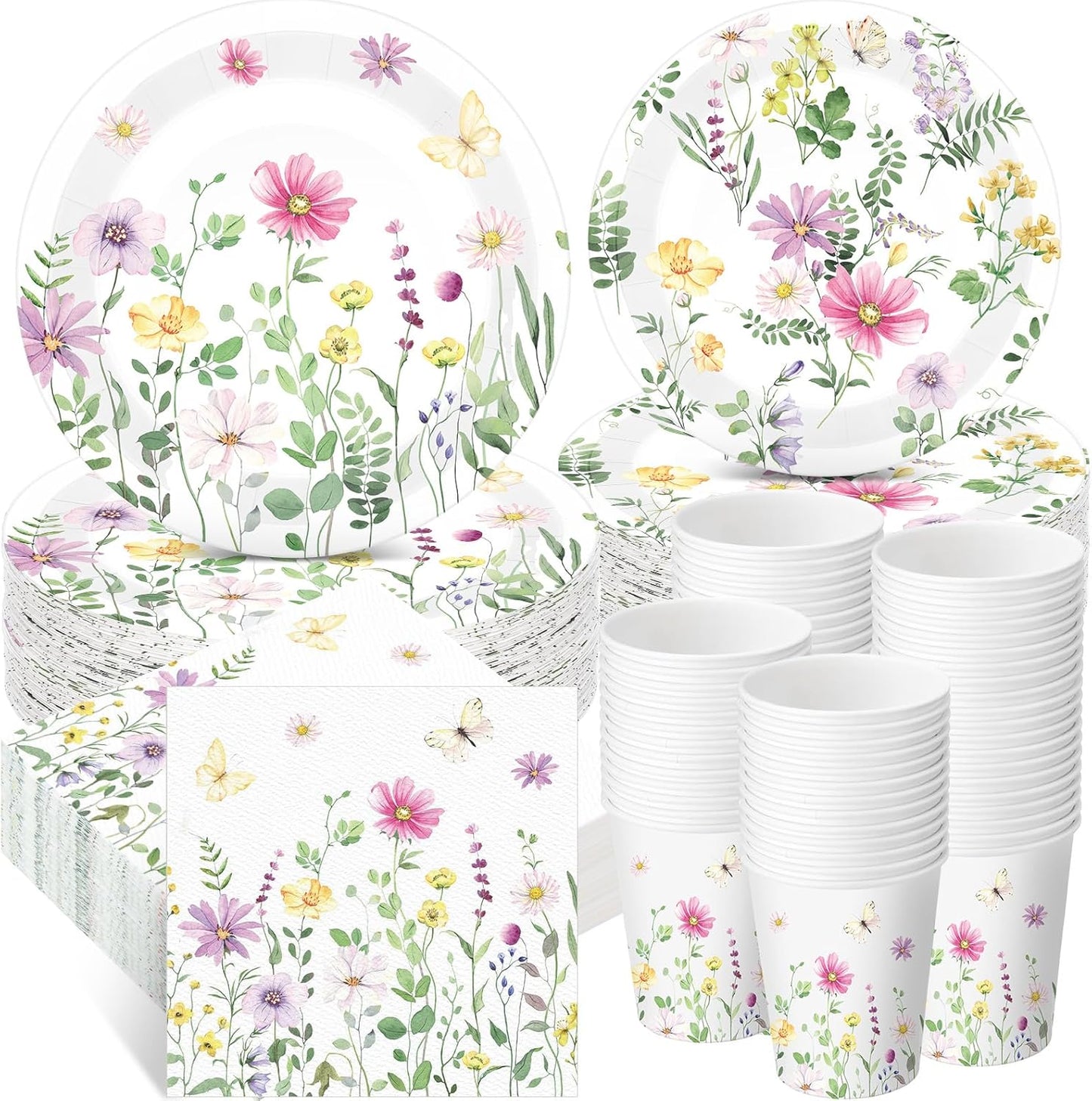 250 Pcs Wildflower Party Decorations Include Spring Summer Floral Paper Plates Napkins and Cups for Wildflower Baby Shower Tea Decorations, Serve 50 Guest(Watercolor,Fresh Style)