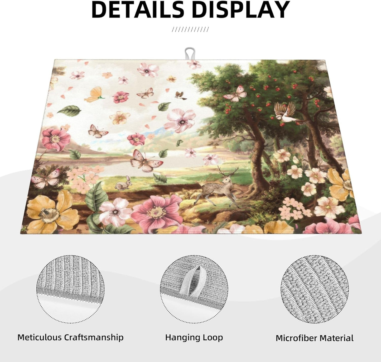 Retro Country Woods Deer Dish Drying Mat 18x24 Inch, Microfiber Absorbent Fast Dry Mat Flowers Butterfly Large Dish Mat Drying Kitchen Mat, Kitchen Drying Pad for Kitchen Counter Coffee Bar Decor