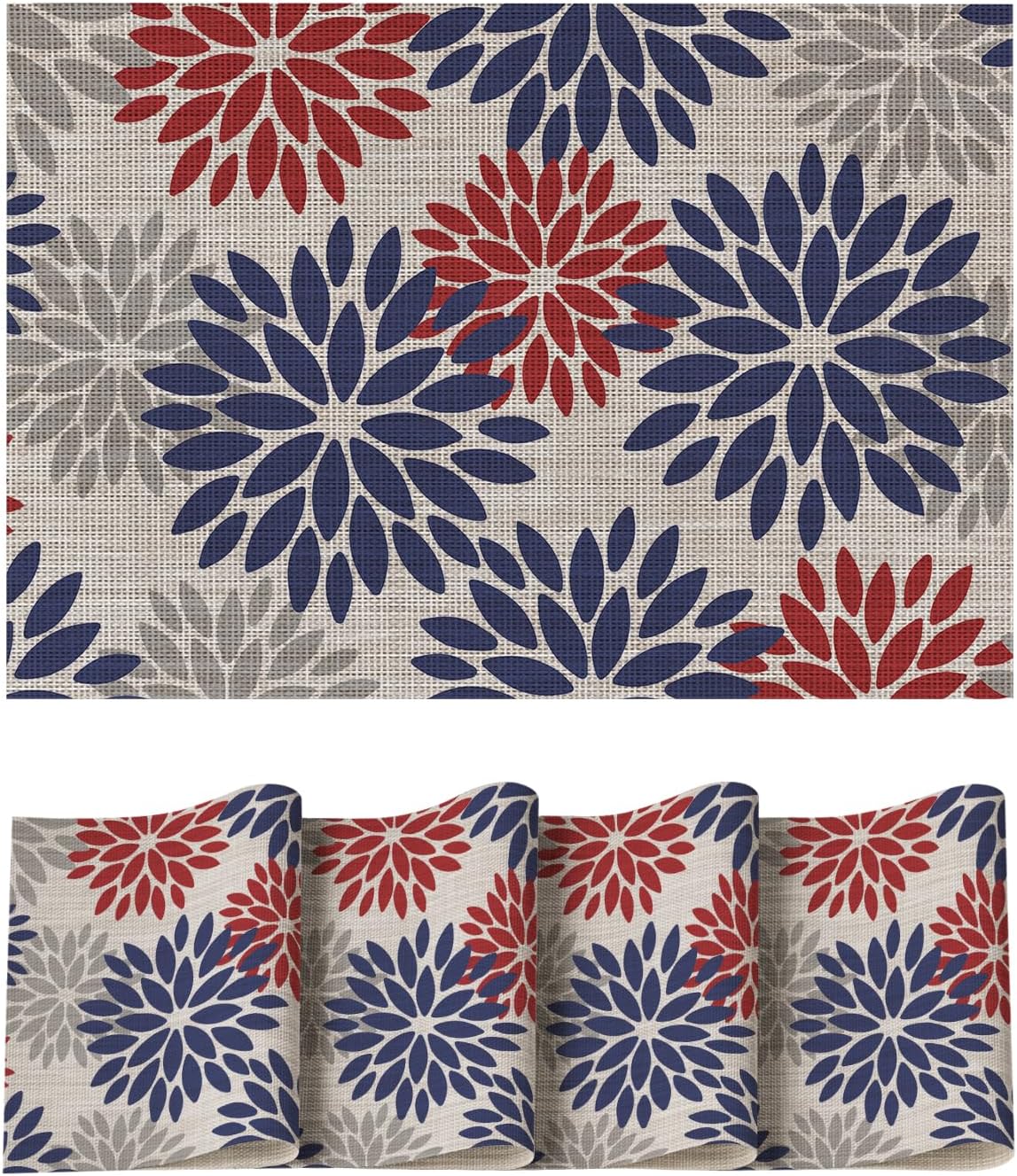 Artoid Mode Floral Vinyl Plastic Placemats Set of 4, 12x18 Inch 4th of July Patriotic Memorial Day Washable Non-Slip PVC Place Mats for Party Kitchen Dining Decor, Red Blue