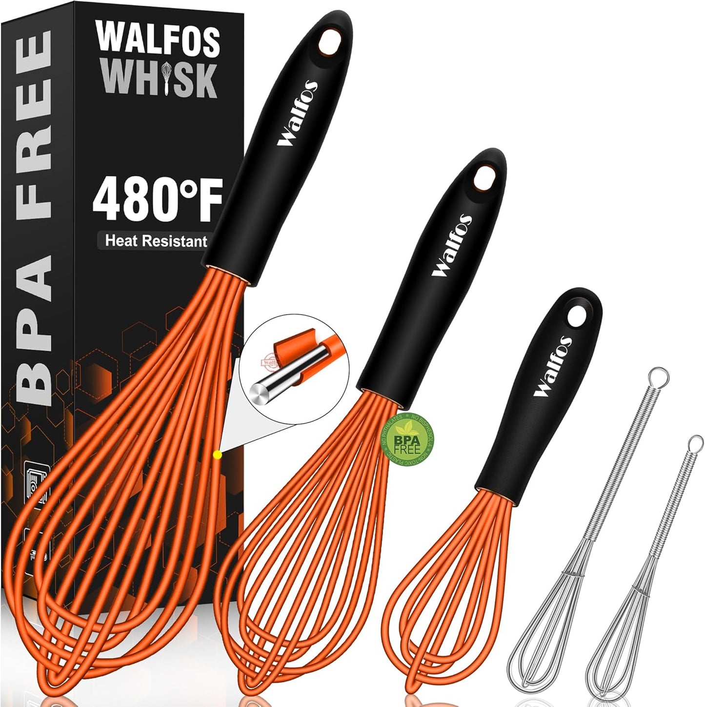 Walfos Whisk, Silicone Whisks Set of 5, Mini Stainless Steel Whisk 7+5in and Non Scratch Coated 7+9+11in Whisks, Suitable for Blending, Whisking, Beating, Frothing & Stirring. (Orange)