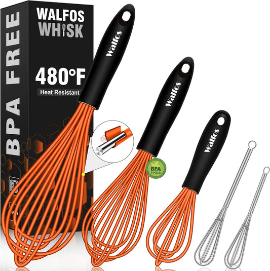 Walfos Whisk, Silicone Whisks Set of 5, Mini Stainless Steel Whisk 7+5in and Non Scratch Coated 7+9+11in Whisks, Suitable for Blending, Whisking, Beating, Frothing & Stirring. (Orange)