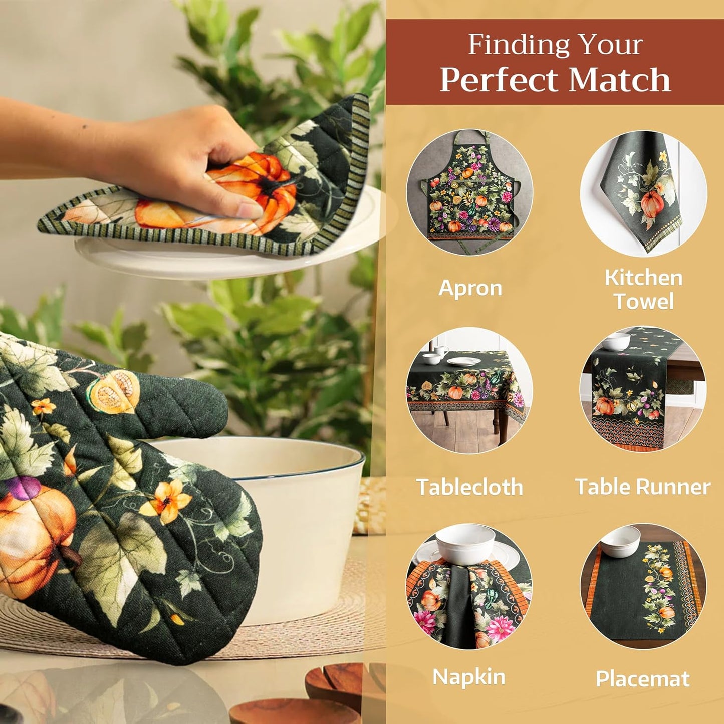 Maison d' Hermine 100% Cotton Oven Mitt & Pot Holder Set (7.5"x13" & 8"x8") Heat Resistant BBQ Cooking Gloves with Loop for Christmas Decorations Handling Hot Pans (Pumpkin Garden - Dark Green)