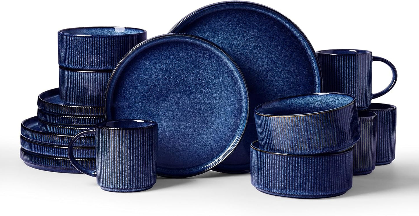 Famiware Star Dinnerware Set with Mugs, Service for 4 (16pcs), Ribbed Stoneware Plates and Bowls Dishes Sets - Chip & Scratch Resistant, Microwave & Dishwasher Safe, Nebulas Blue