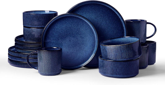 Famiware Star Dinnerware Set with Mugs, Service for 4 (16pcs), Ribbed Stoneware Plates and Bowls Dishes Sets - Chip & Scratch Resistant, Microwave & Dishwasher Safe, Nebulas Blue