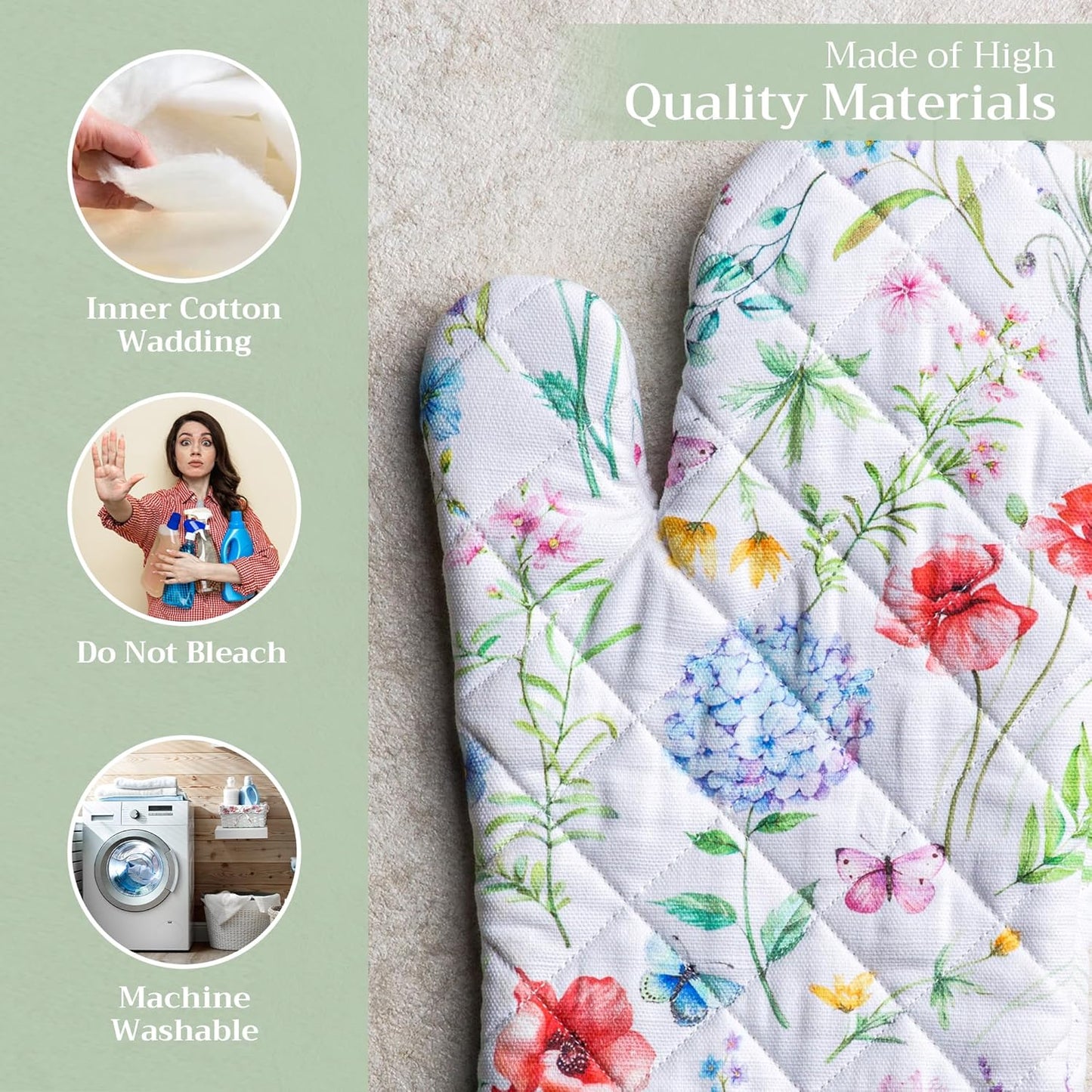 Maison d' Hermine Oven Gloves 100% Cotton Oven Mitt 7" x 13" with Loop Heat Resistant, BBQ, Cooking Gloves, Baking, Grilling, Kitchen, Handling Hot Pans Spring/Summer (Pack of 1, Just Floral)