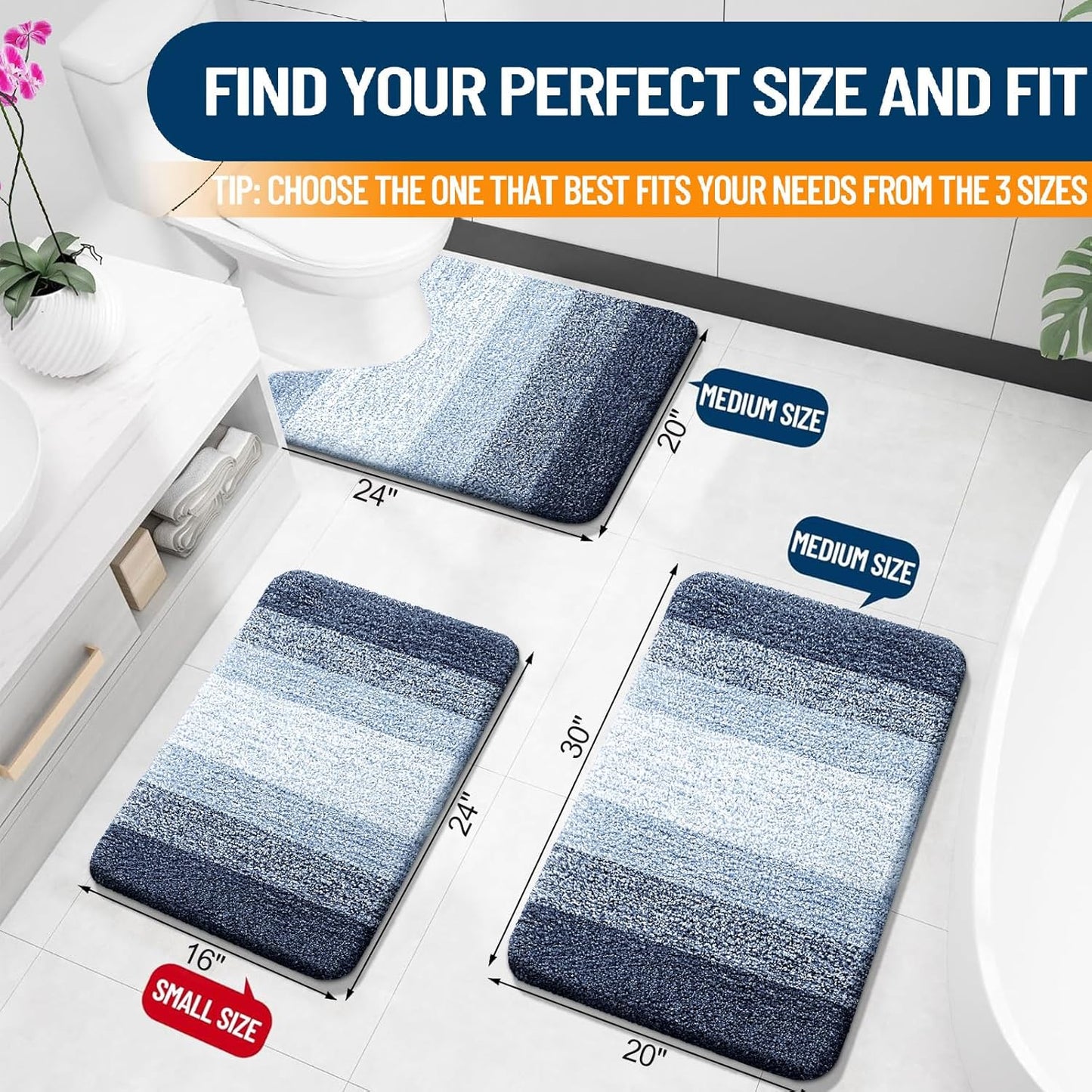 OLANLY Bathroom Rug Set 2 Piece, Soft Absorbent Microfiber Bath Rug Set, Non-Slip, Machine Wash Dry, Plush Shaggy Bath Mats for Bathroom (30"x20"+24"x16", Dark Blue)