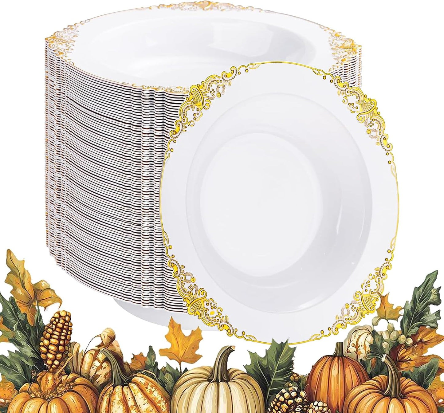 100PCS Gold Plastic Bowls - 12 oz White Disposable Salad Bowls - Heavy Duty Soup Serving Bowl - Fancy Plastic Ice Cream Bowl for Christmas,Thanksgiving Parties, Dinners, Catering, Picnics