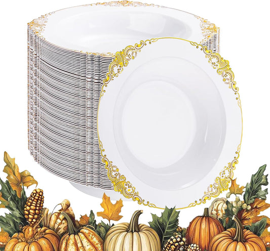 100PCS Gold Plastic Bowls - 12 oz White Disposable Salad Bowls - Heavy Duty Soup Serving Bowl - Fancy Plastic Ice Cream Bowl for Christmas,Thanksgiving Parties, Dinners, Catering, Picnics