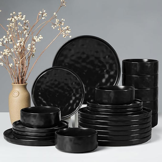 HaWare Dinnerware Sets, 24-Piece Plates and Bowls Set, Stoneware Dish Set for 8, Ceramic Dinnerware for Home Restaurant, Chip and Scratch Resistant, Microwave and Dishwasher Safe, Matte Black