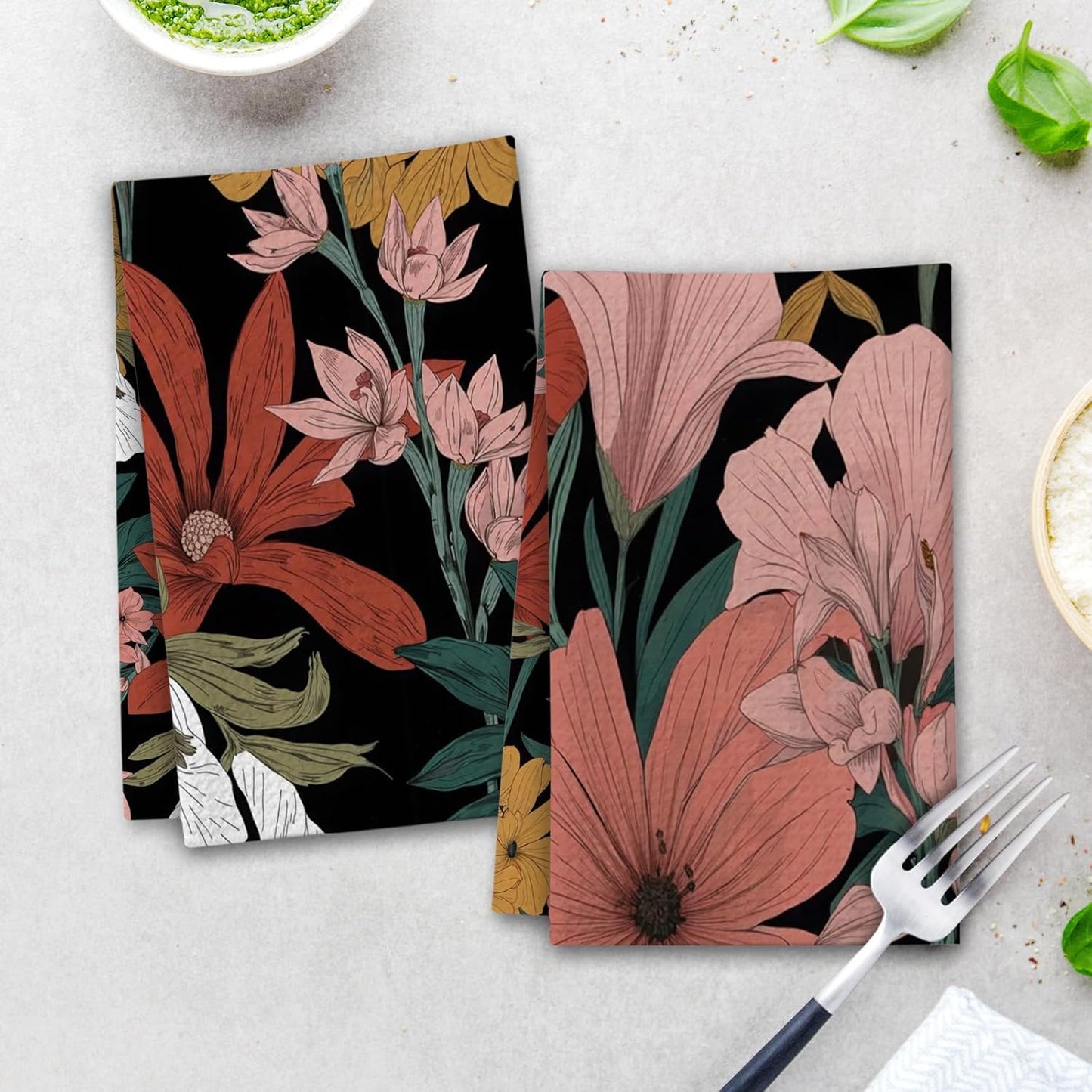 Boho Kitchen Towels, Colorful Flowers House Hand Towel Set of 2, Vintage Gifts for Home Bathroom Holiday Decor - A04