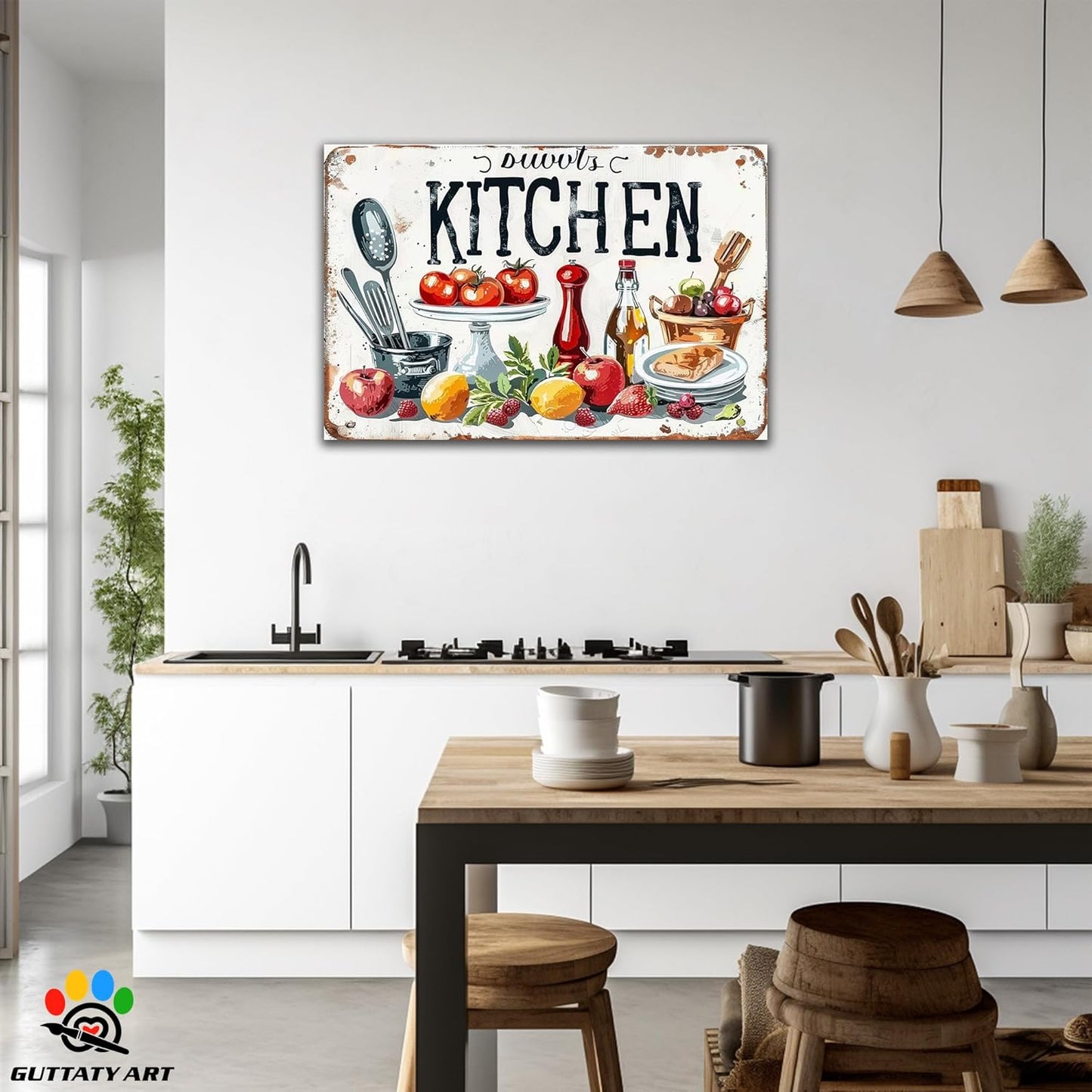 GUTTATY Farmhouse Wall Art Rustic Kitchen Decor, Ready to Hang Kitchen Wall Print Various Fruits and Kitchen Utensil,Vintage Posters Prints for Dinning Room Home Kitchen Restaurant Painting 32×48 Inch