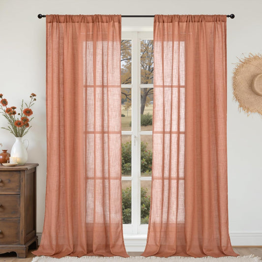 BGment Terracotta Linen Curtains 90 Inch Length for Living Room, Semi Sheer Long Window Drapes Rustic Textured for Farmhouse Beroom Dining Decor Rod Pocket Lightweight, 2 Panels Set, Each 52 Inch Wide