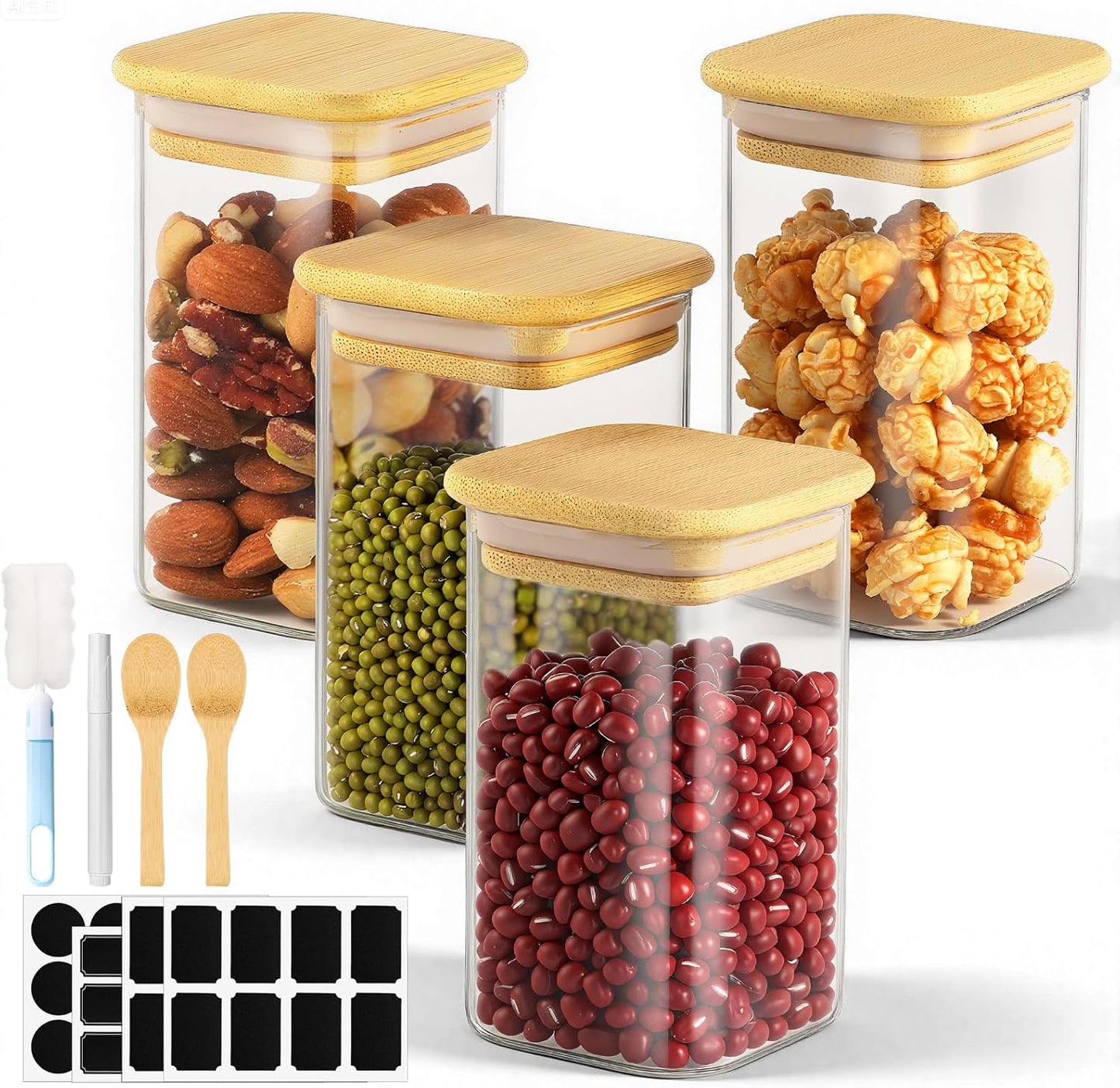 Glass Jars with Bamboo Lids, 4 Pack 8 Fl.oz Glass Canister with Airtight Lids, Wide Mouth Spice Jars Clear Food Storage Containers for Sugar Coffee Bean Tea - Included Labels, Spoon and Marker