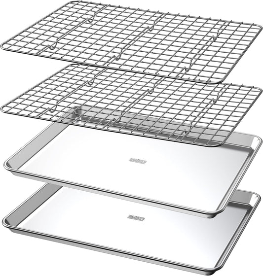 100% Recycled Aluminum by Baker's Secret, Bakeware Set 4pcs, 2x Baking Trays for Oven Cookie Sheet 18" with 2x Stainless Steel Rack, Non Toxic- PTFE,PFAS,PFOA Free - The Natural Aluminum Collection