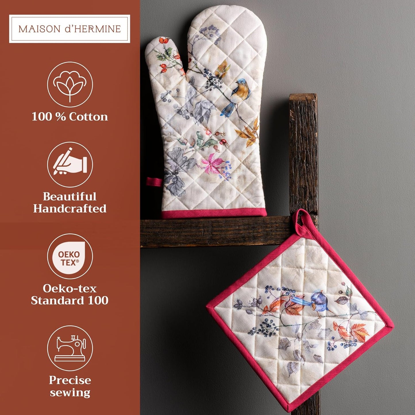 Maison d' Hermine 100% Cotton Oven Mitt & Pot Holder Set (7.5"x13" & 8"x8") Heat Resistant BBQ Cooking Gloves with Loop for Thanksgiving Christmas Decorations Handling Hot Pans (Equinoxe - Beige)