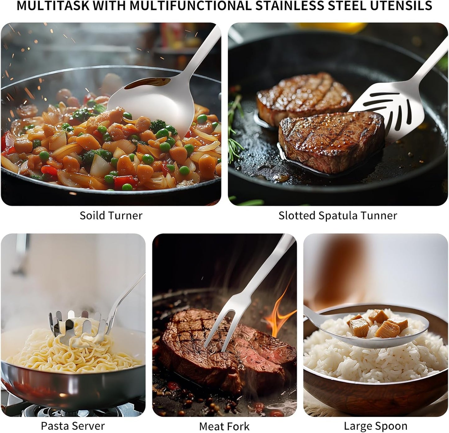 304 Stainless Steel Kitchen Utensil Set - 9pcs Cooking Utensils, Metal Kitchen Utensil Spatula Sets Cookware,High temperature resistance Kitchen Tool Set for Hanging Dishwasher Safe（Silver）