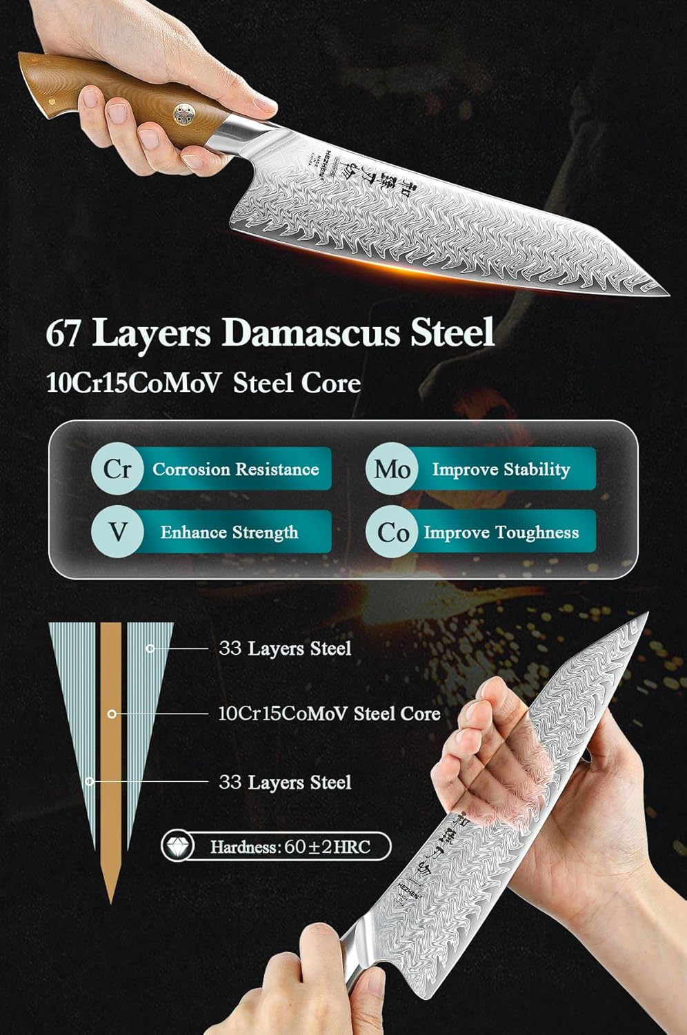 HEZHEN Damascus Chef Knife, 8.5 Inches, 67 Layers Damascus Steel, Professional Japanese Kitchen Knife for Chefs and Home Cooking, Ultra-sharp Blade with Linen Micarta Handle, Gift Packing