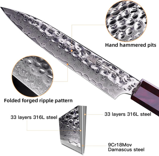 FINDKING 5 Inch Kitchen Utility Knife with ABS sheath, Multi-Purpose Japanese Paring Knife, Damascus Steel Blade, Resin Octagonal Handle, Small, for Fruits Vegetables (Eternity Series)