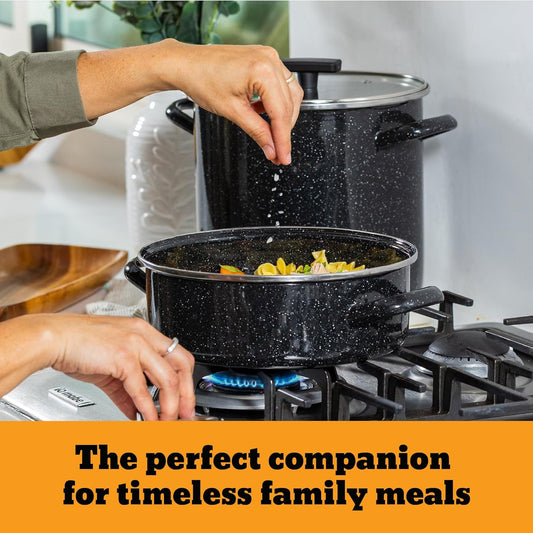 Granite Ware 3-Piece Cookware Set, 8 Qt Stock Pot & 3 Qt Casserole w/Glass Lid, Speckled Black