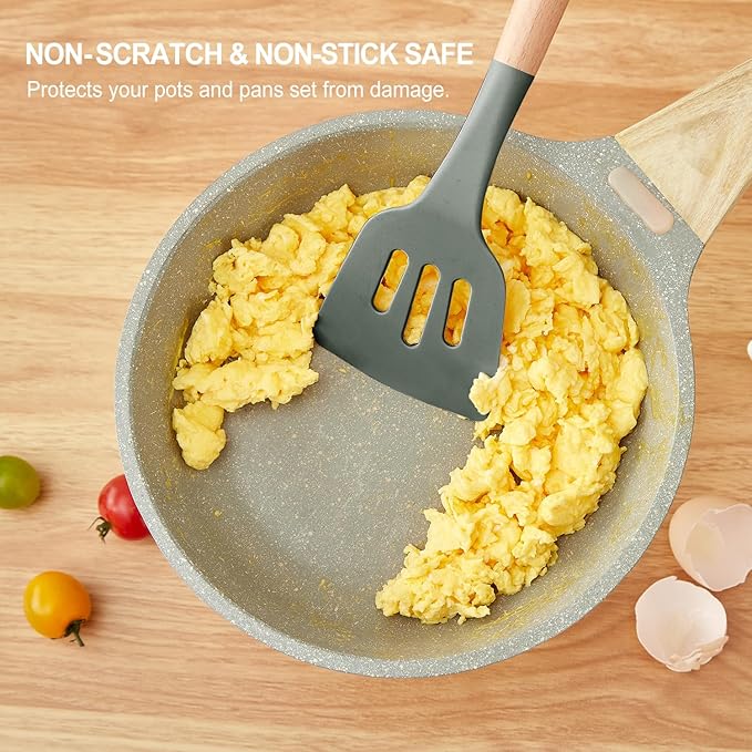 Kitchen Utensils Set - 34 PCS Non-Stick Silicone Cooking Utensils Set with Wooden Handle,Kitchen Gadgets Tools Set for Nonstick Cookware (Gray-34P)