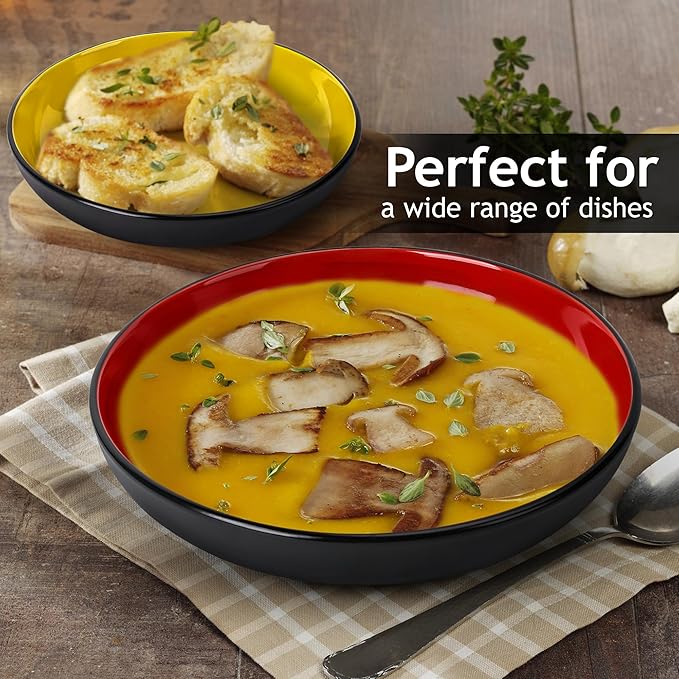 MIAMIO – 30 Oz / 8.6 Inch Set of 6 Pasta Bowls/Salad Bowls, Pasta Plates Wide and Shallow Bowl, Large Ceramic Stoneware Deep Plate Serving Soup - Le Papillon Collection (Mixed)