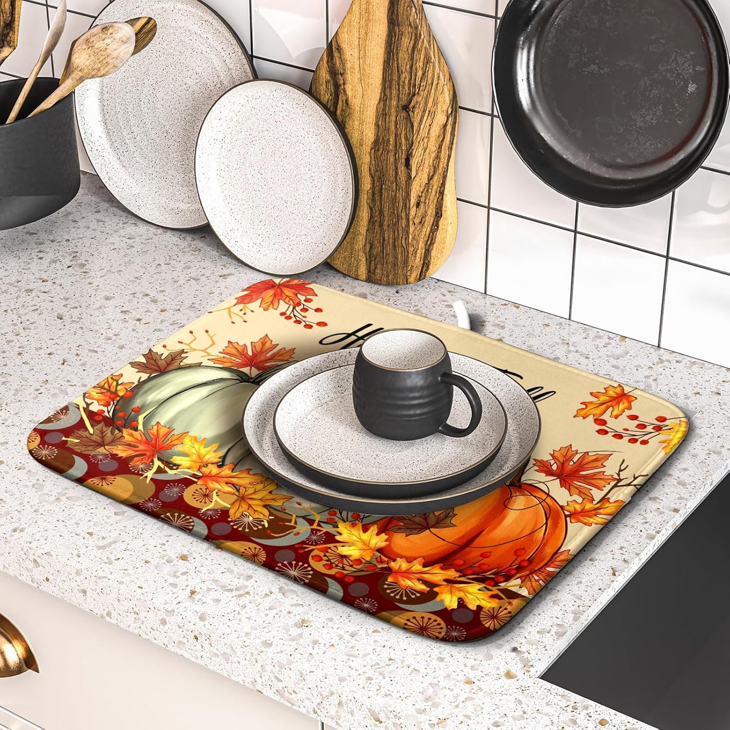 Happy Fall Dish Drying Mats 16x18 Inch, Autumn Orange Pumpkin Maple Leaves Seasonal Style Microfiber Drainer Rack Absorbent Pad for Kitchen Countertop Coffee Bar Holiday Decor