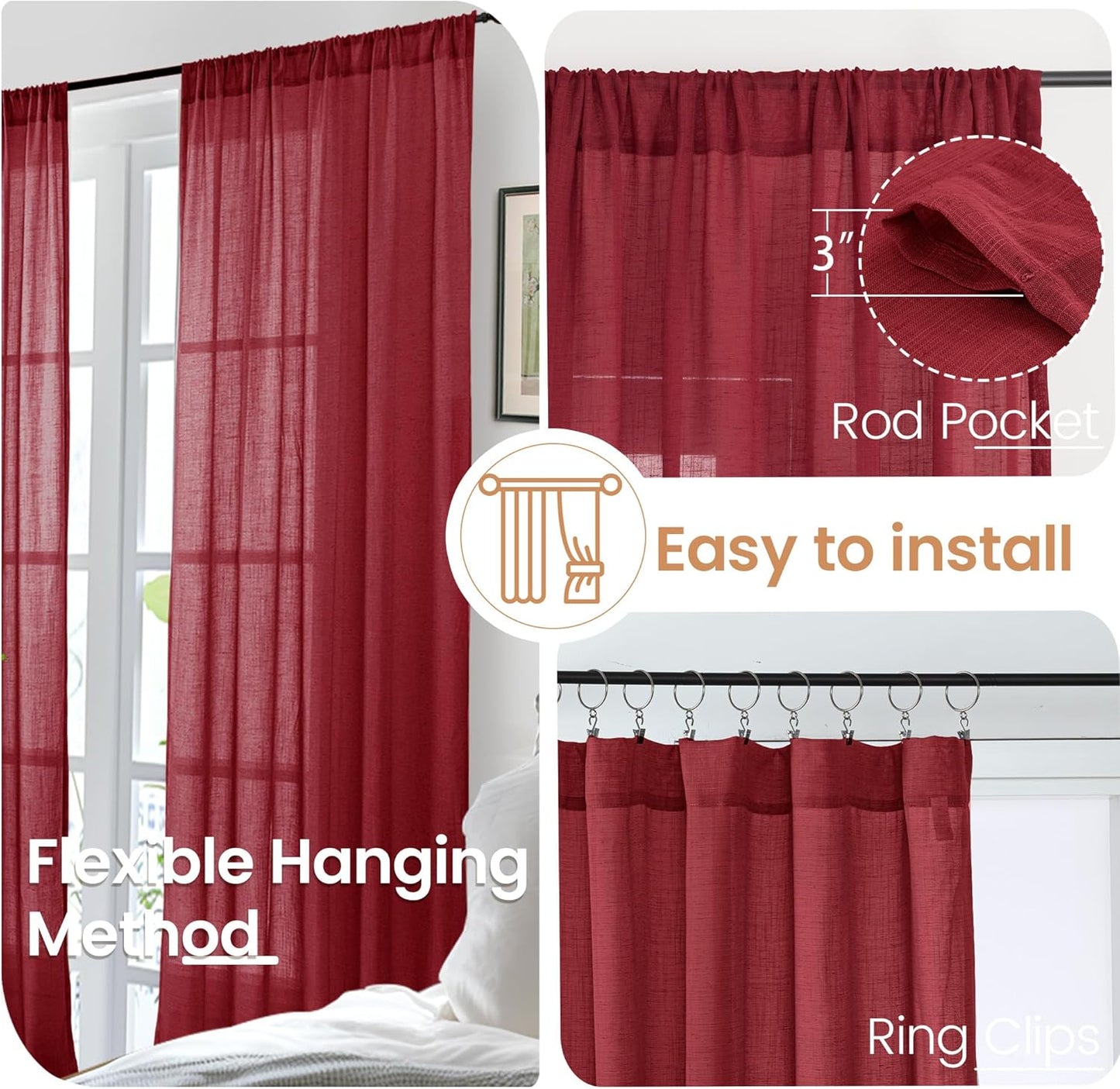 BGment Burgundy Linen Curtains 72 Inches Long for Living Room, Window Drapes Semi Sheer Textured for Farmhouse Bedroom Dining Christmas Decor with Rod Pocket Lightweight, 2 Panels, Each 52 Inch Wide