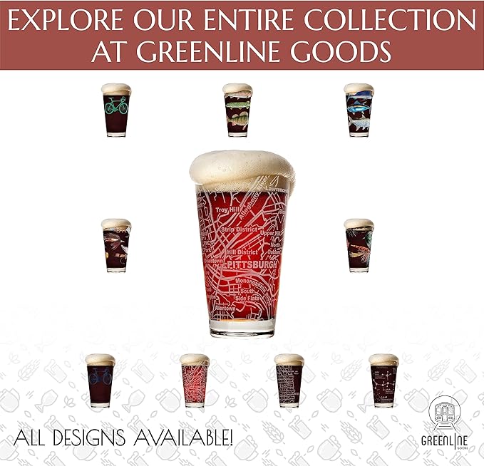 Greenline Goods Beer Glasses - 16 oz Drinkware Set for Pittsburgh lovers - Set of 2 - Etched with Pittsburgh, PA Map - Premium Decorative Glassware