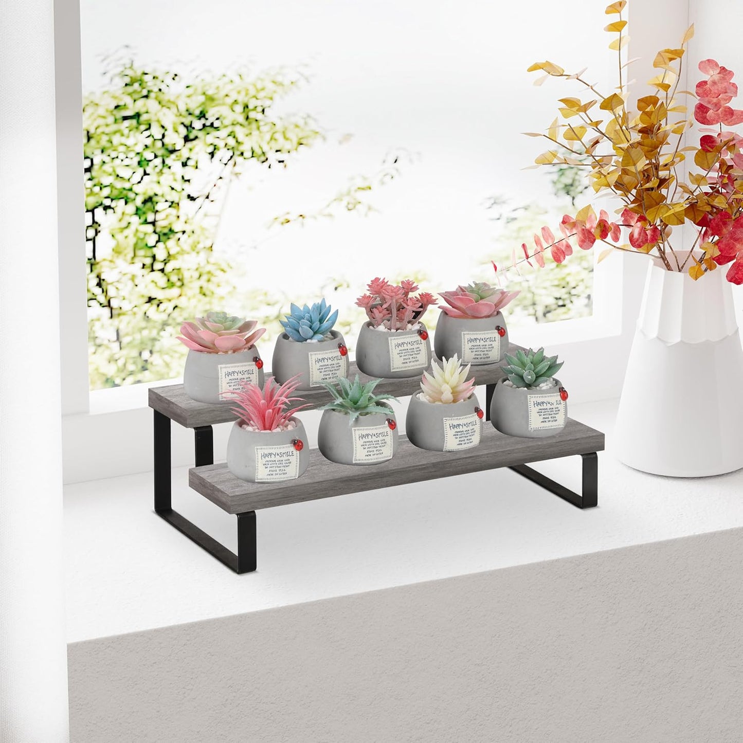 YINMIT Wooden Display Riser Stand, Tiered Perfume and Cologne Organizer Stand, 2 Tier Spice Rack Organizer, Rustic Display Shelf for Candles (2 Tier,Grey)