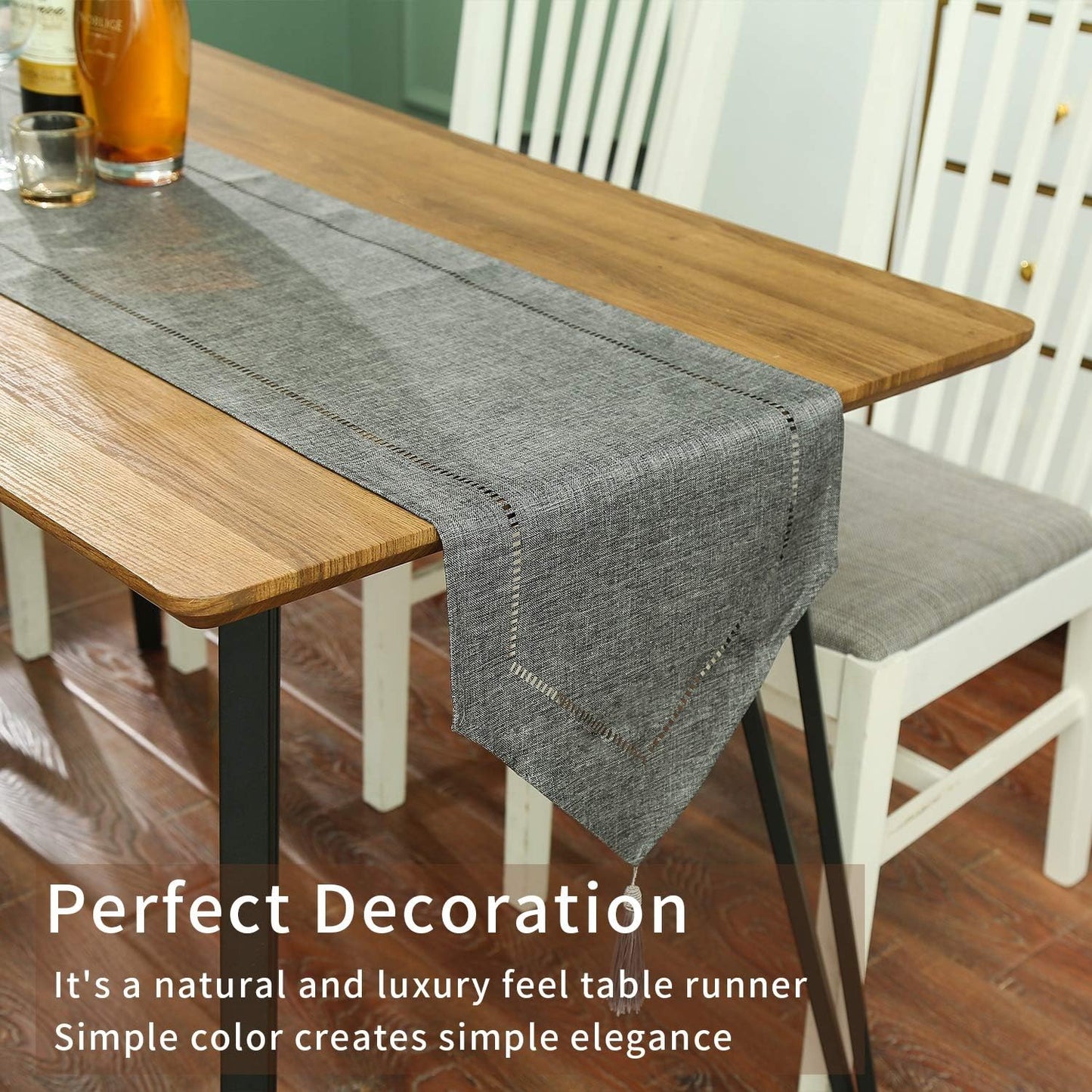 Tosewever Decorative Linen Table Runner with Tassels Tabletop Collection 14 x 72 Inches Table Runners for Everyday Dining Wedding Party Holiday Home Decor (14" x 72", Grey)