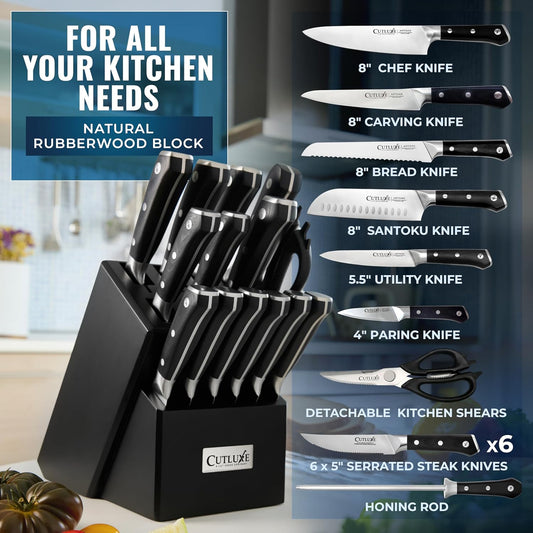 Cutluxe 15-Piece Knife Set – Premium Black Wood Block – Knife Set for Kitchen, Ultra Sharp High Carbon German Stainless Steel, Full Tang – Artisan Series