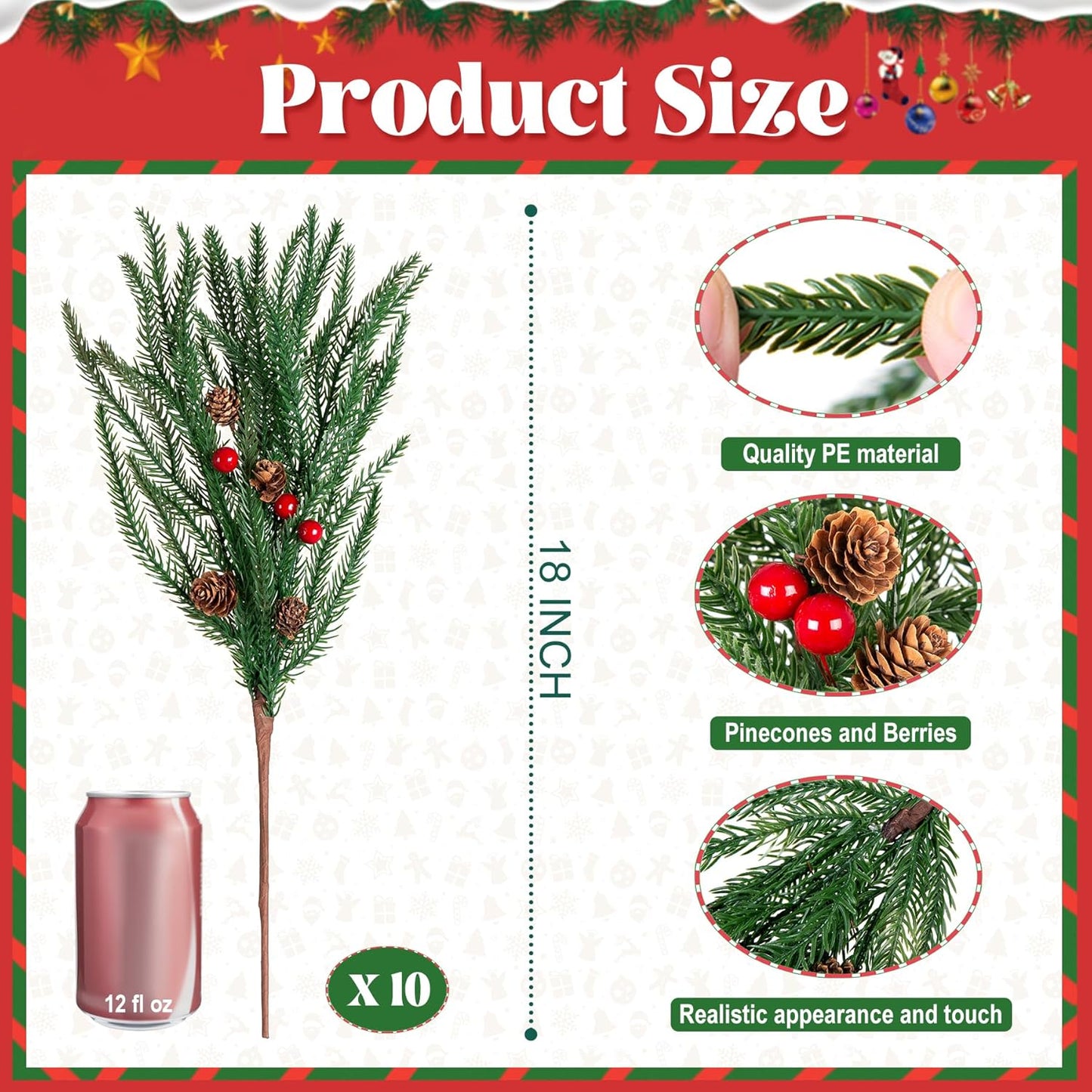 Artificial Norfolk Pine Stems for Christmas Decorations, 10 Pcs 18 inch Fake Pine Cone Branches Red Berry for Vases Garland Real Touch Faux Greenery Evergreen Plants for Xmas Home Decor Indoor