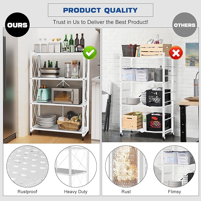 Lifetime Home 4-Tier Foldable Storage Shelf with Wheels - Metal Rack Collapsible Shelving Unit Display, Rolling Cart for Books Kitchen Storage Shelves, Pantry & Closet Organizer, Office Room Decor