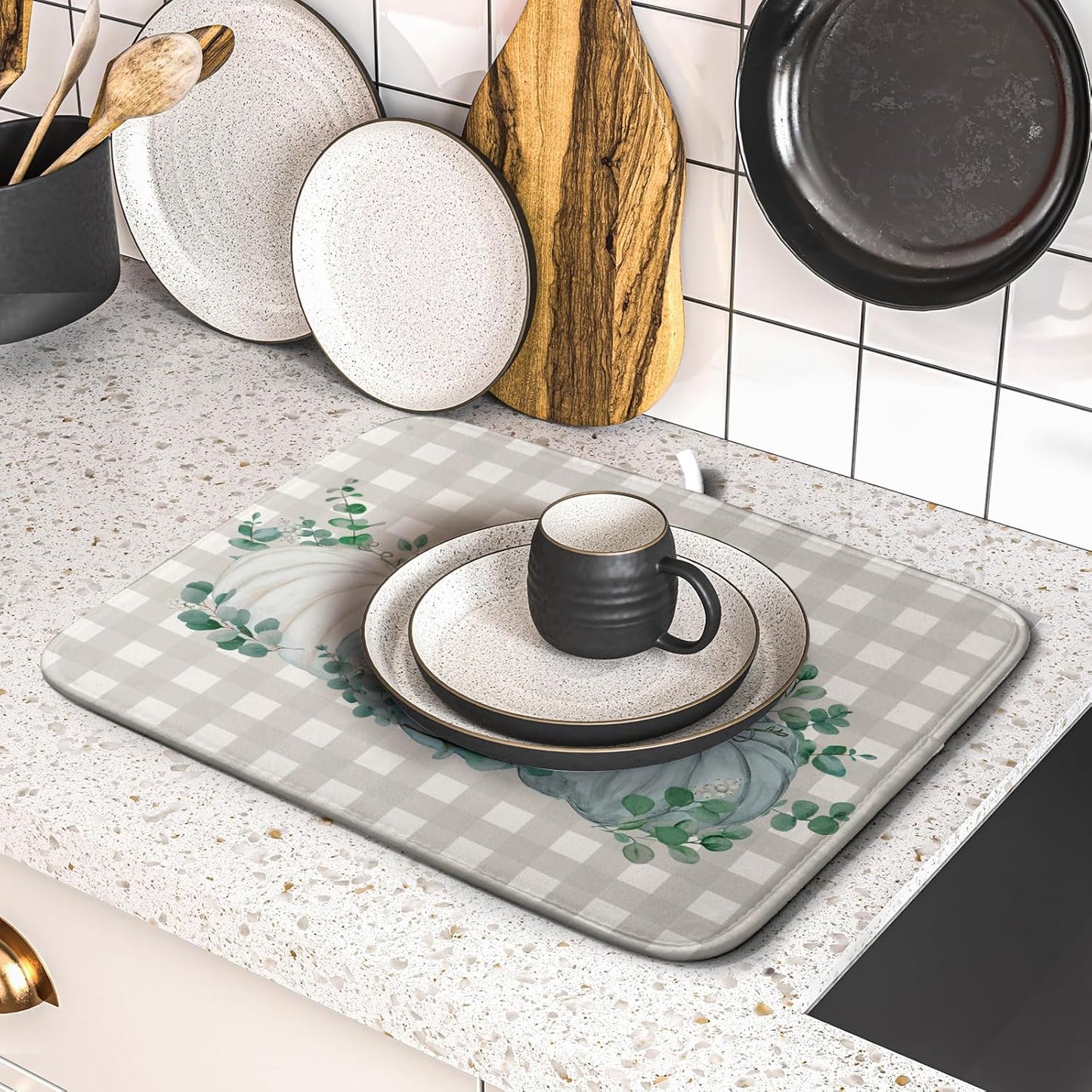 Fall Dish Drying Mats for Kitchen Counter 16×18 Inch Blue White Pumpkin Thanksgiving Harvest Festival Small Microfiber Drying Mat Kitchen Accessories Dish Rack Mat Drainer Pad Washable Absorbent