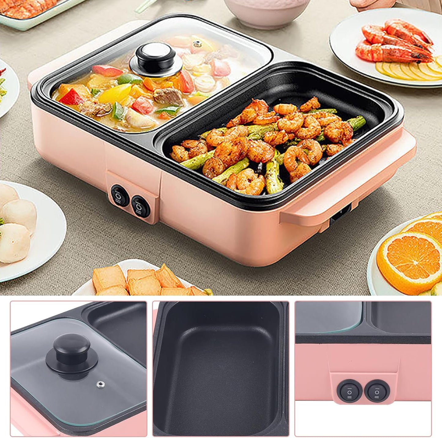 Hot Pot with Grill, Electric Hot Pot and Frying Pan, Shabu Shabu Pot with Grill, 2 in 1 Indoor NonStick Shabu Shabu Pot and Griddle, Dual Temperature Control, Fast Heating for BBQ Steaks Noodles(Pink)