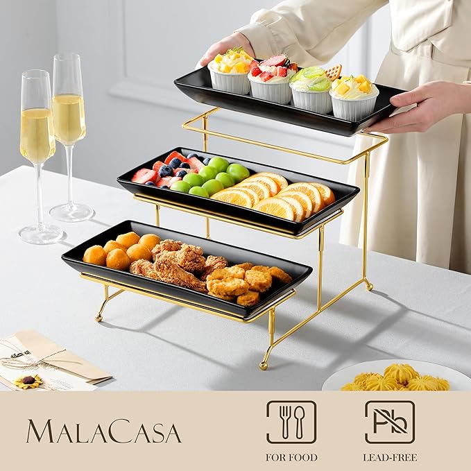 MALACASA 3 Tier Serving Trays for Party, 12 Inch Porcelain Black Trays for Serving Food, Dessert Stand with Collapsible Gold Metal Rack