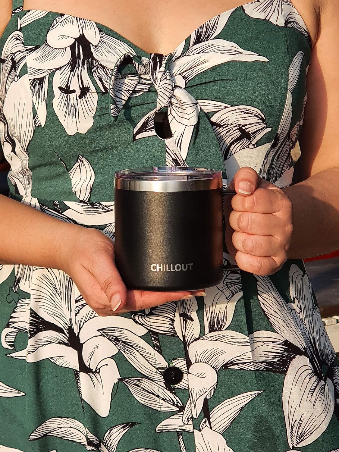 CHILLOUT LIFE Stainless Steel 16 oz Vacuum Insulated Coffee Mug with Handle and Lid, Large Thermal Camping Coffee Mug Cup with Durable Sliding Lid for Men & Women, Keeps your Beverages Hot &Cold