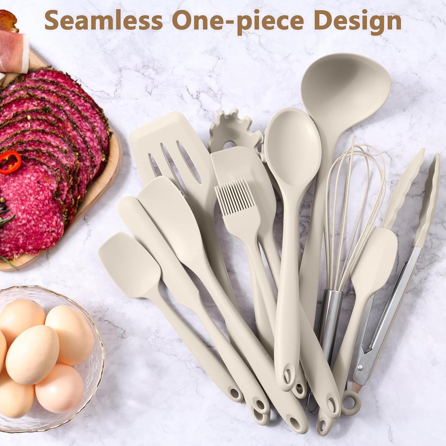 LIANYU 14 Pcs Kitchen Utensils Set with Holder, Silicone Cooking Utensils Spatula Set, Heat Resistant Cookware Tools Includes Spoon Turner Whisk Tong, Dishwasher Safe, Khaki