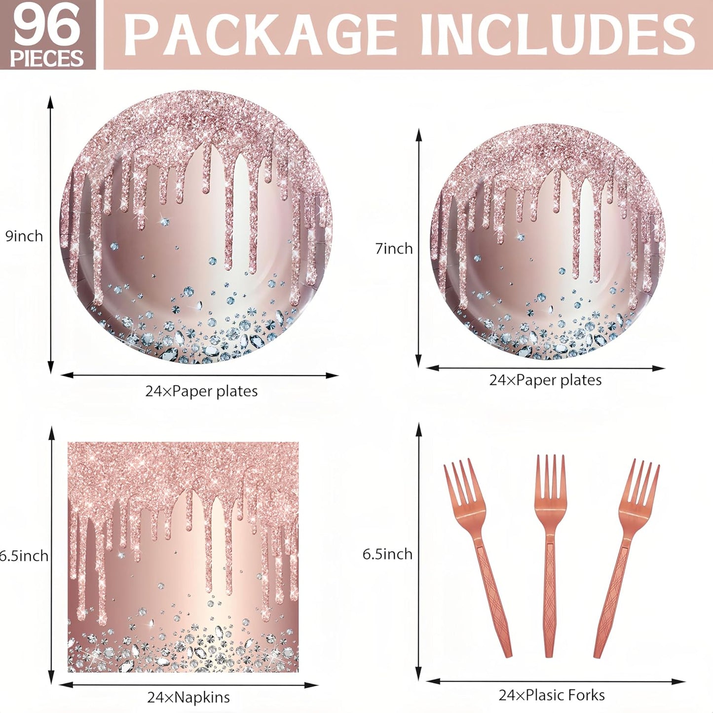DTDO 96 Pcs Rose Gold Set Disposable Paper Plates Napkins and Forks Pink Party Decoration Rose Gold Themed Birthday Dinnerware for Girls Birthday Decorations, Serves 24