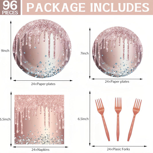 DTDO 96 Pcs Rose Gold Set Disposable Paper Plates Napkins and Forks Pink Party Decoration Rose Gold Themed Birthday Dinnerware for Girls Birthday Decorations, Serves 24