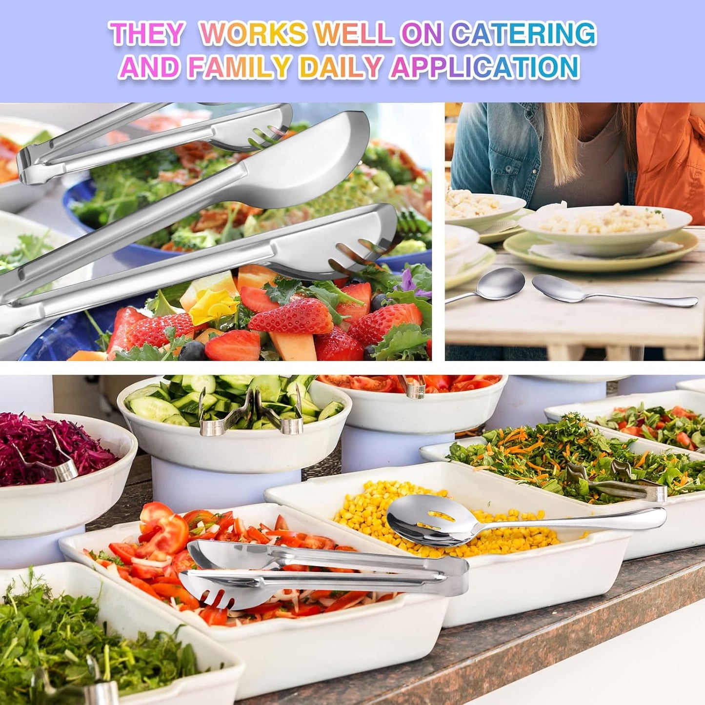 Patelai 15 Pieces Christmas Stainless Steel Silver Serving Utensils Set 8.7" Large Spoons and Slotted Spoon 9.45" Tong 9" Forks Flatware Wedding Party Buffet Banquet Cooking Kitchen Catering