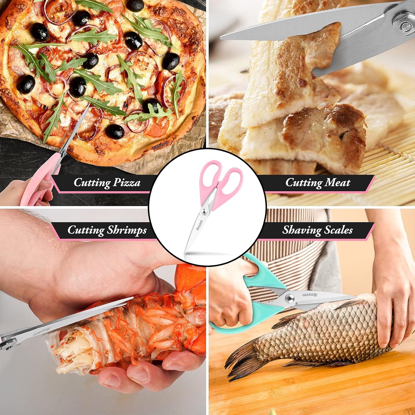 iBayam Kitchen Scissors, Purple Kitchen Utensils Accessories, All Purpose Heavy Duty Meat Scissors, Poultry Shears, Dishwasher Safe, Stainless Steel, 2-Pack, Pastel Pink, Soft Purple