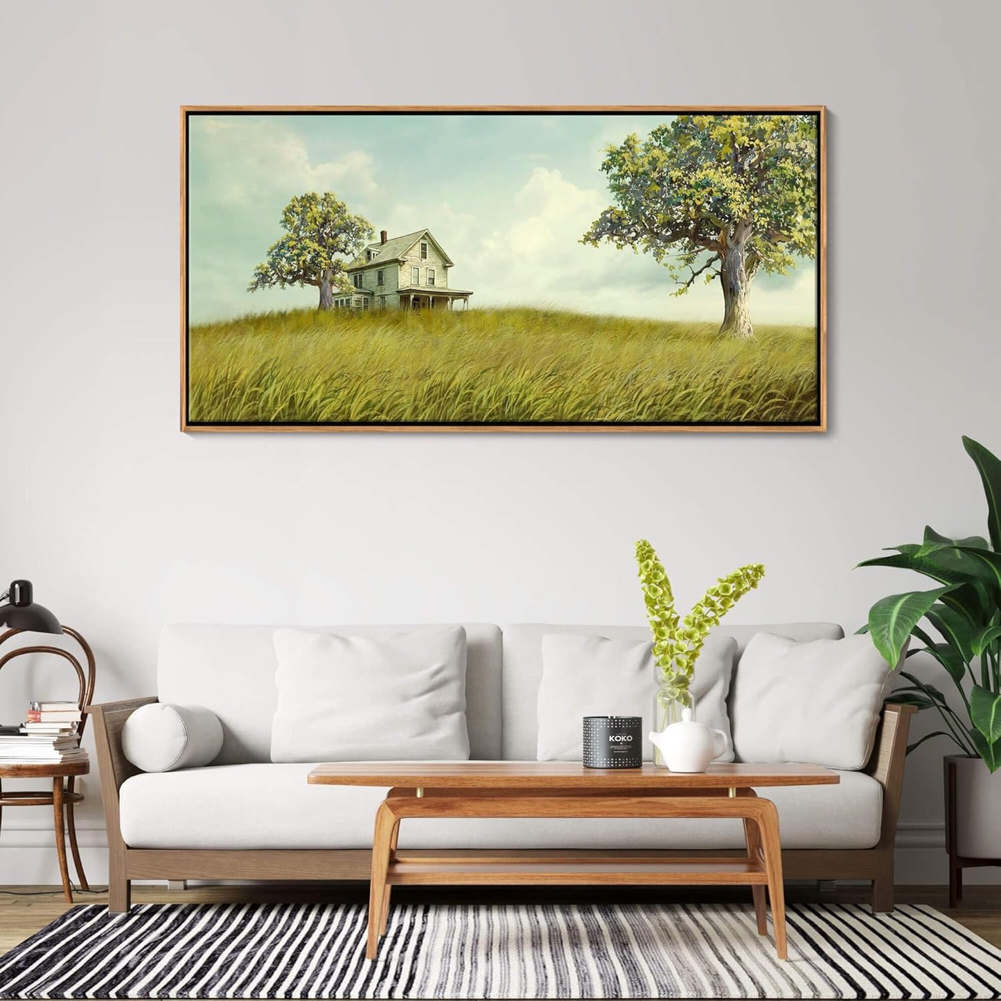 YCPRIMER Large Canvas Wall Art - Village Landscape Decor Retro Farmhouse Picture Yellow Tree Painting Artwork for Dinning Room,Living Room,Kitchen Framed Decoration Size 29×58Inch