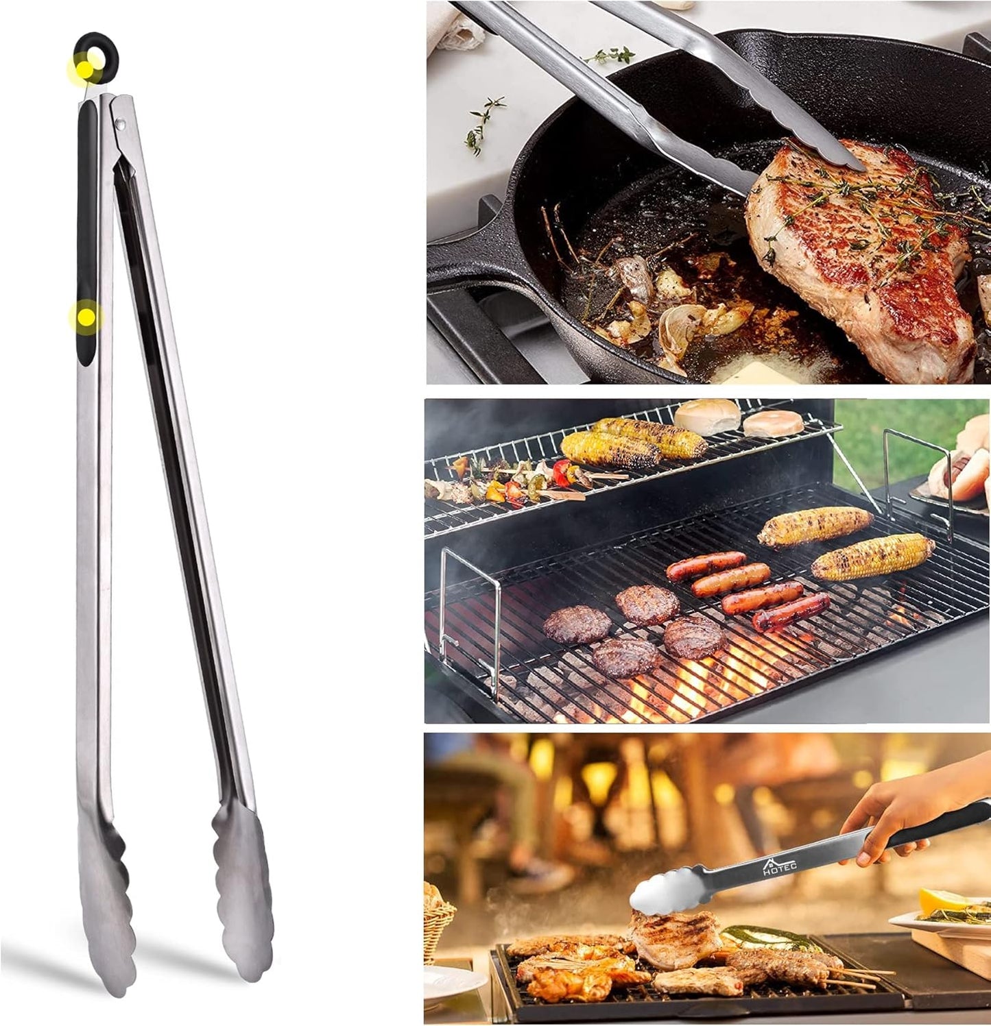 Hotec Stainless Steel Kitchen Tongs, 16 Inch Extra Long Locking Metal Food Tongs for Cooking, Serving, BBQ, Grill Non-Slip Grip