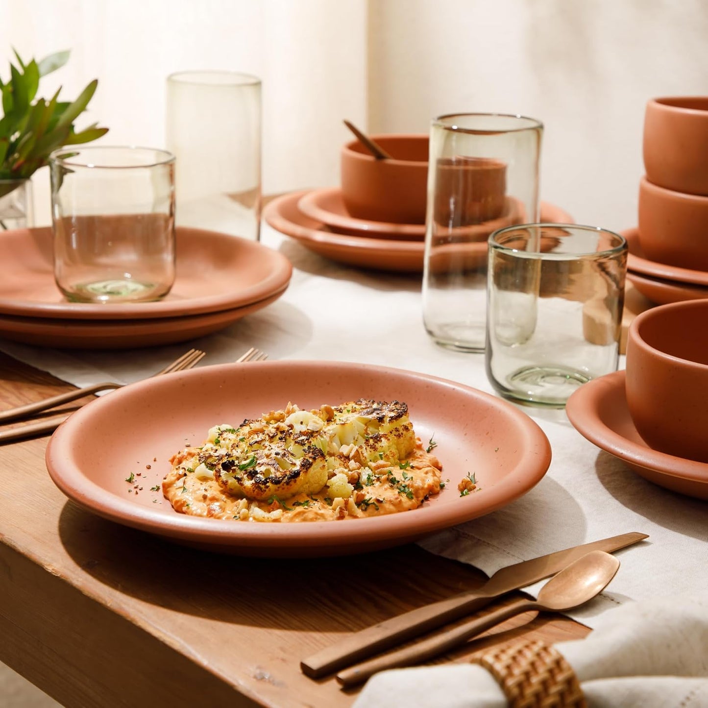 Bloomhouse Corsica Clay 12 Piece Stoneware Rustic Reactive Glaze Dinnerware Set - Stackable Plates and Bowls Set. Service for 4 - Matte Burnt Apricot Terracotta