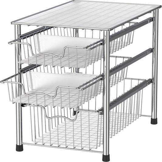 Simple Houseware Stackable 3 Tier Sliding Basket Organizer Drawer, Chrome